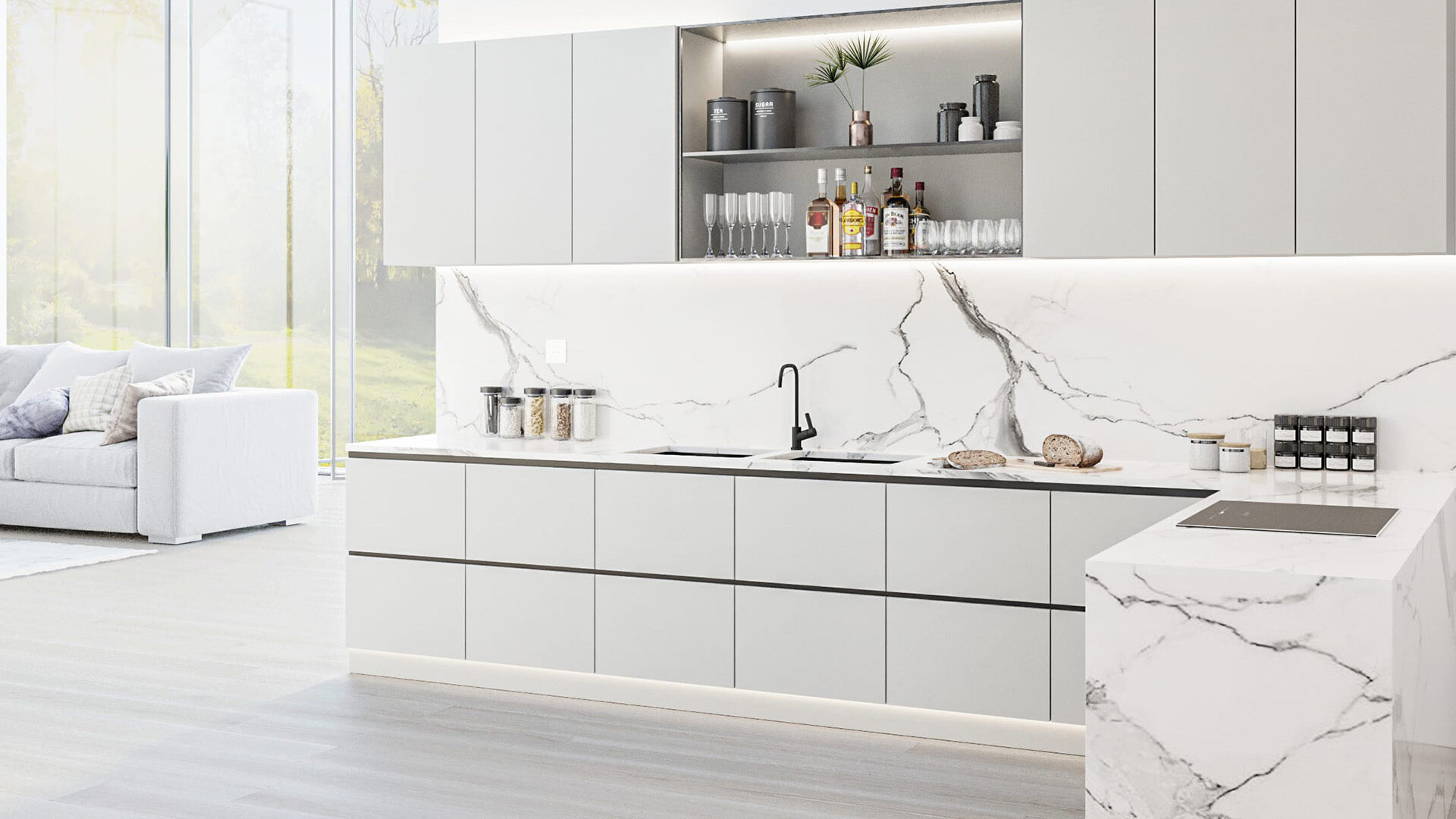 Light Grey Kitchen Doors with White Marble Worktop