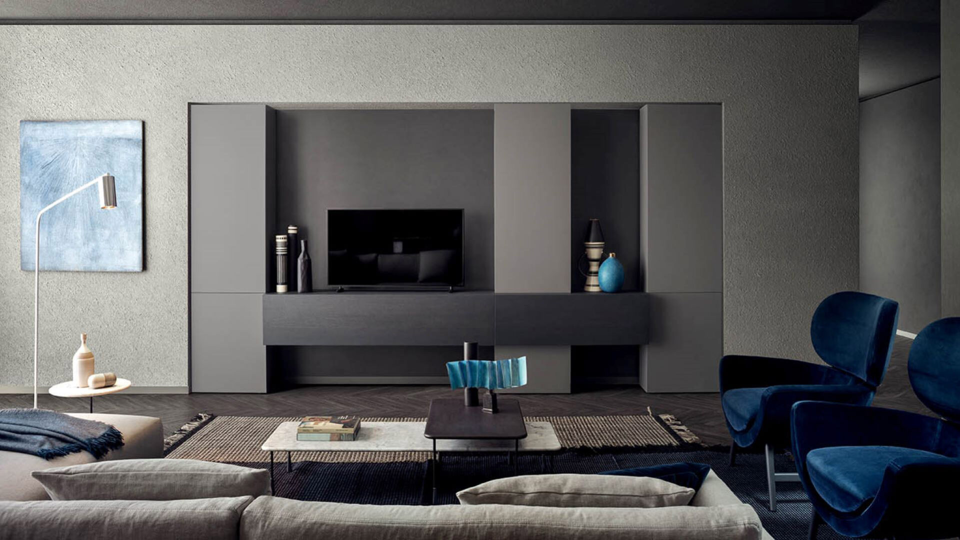 Two Tone slate grey and wenge wood colour fitted modern tv wall cabinet